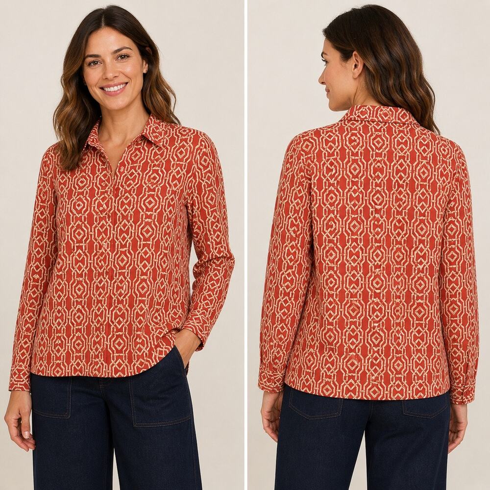 J.McLaughlin Orange Geometric Print Button Front Stretch Top Small Preppy